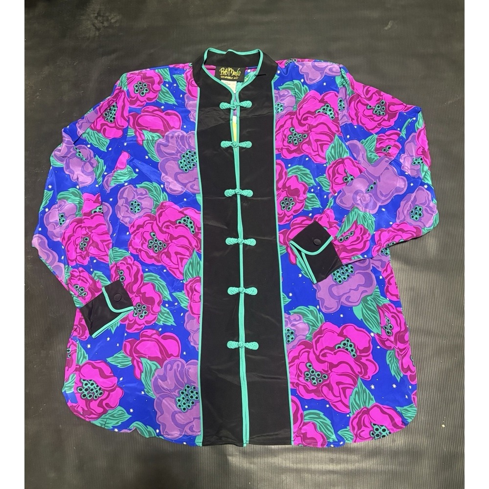 NWT Bob Mackie Wearable Art 100% Silk Kimono Top Robe Cover Up 1X Floral Blue
